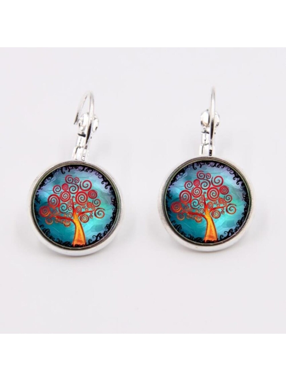 Tree of Life Orange Blue Glass Cabochon Silver Plate Handmade Leverback Earrings